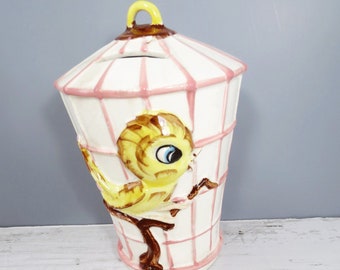 Vintage Bird in Cage Coin Bank Ceramic Pottery Wallhanging
