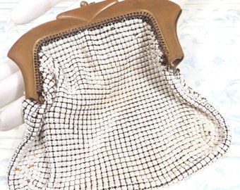 Vintage Enamel Metal Mesh Purse, Whiting & Davis, White, Art Deco Evening, Wedding Bag