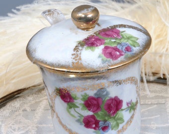 Vintage Honey Jar & Spoon, Jam, Mustard, Iridescent Lusterware , Roses, Gold Trim