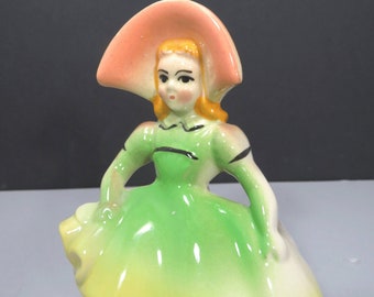 Vintage Merry Maid Lady Planter Vase, Blonde Haired Girl, Spring Green, Japan