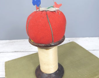 Vintage Tomato Pincushion, Large Wooden Thread Spool, Folk Art, Sewing Accessory, Pincushion