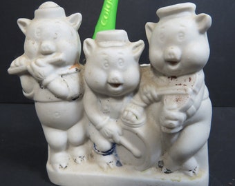 Vintage Child's Toothbrush Holder, 3 Little Pigs, Novelty Bathroom Decor, Bisque,  Disney