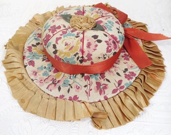 Vintage Hat Shaped Pincushion Floral Print Ribbon Rose Large Wall Hanging