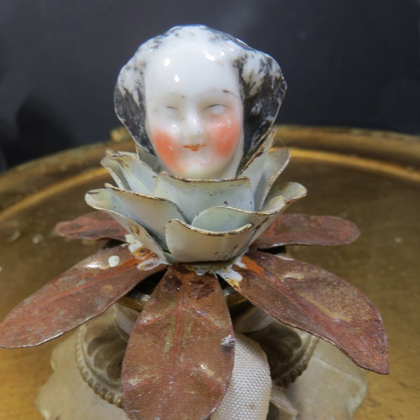 Vintage China Head Doll on Metal Flower Base Altered Art Art Assemblage OOAK