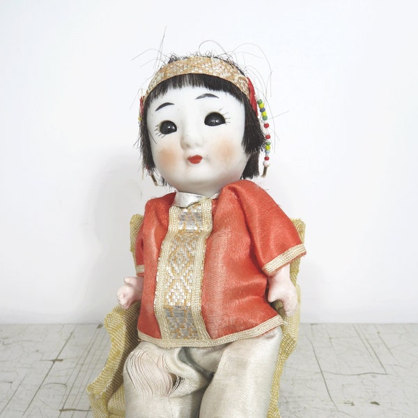 Vintage Bisque Asian Girl Doll Composition Body Real Hair Glass Sleepy Eyes Jointed/Articulated
