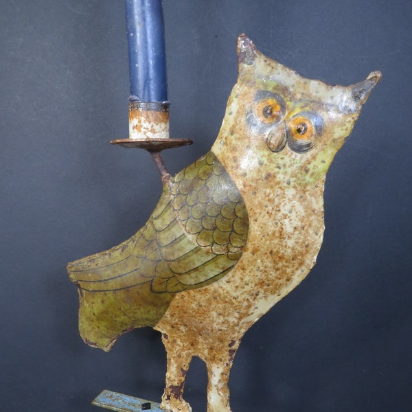 Folk Art Metal Owl Candle Holder, Rustic Primitive, Table Edge Slide Holder, Vintage