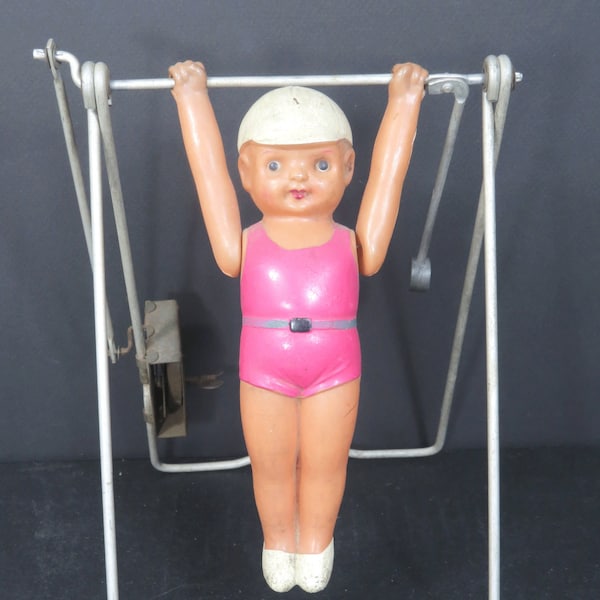 Wind-Up Trapeze Gymnast Boy Doll, Celluloid, Royal Toy Co., Key, Shelf Sitter, Vintage