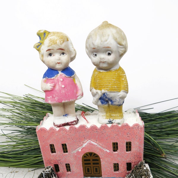 Vintage Bisque Dolls on Putz House Decor Christopher Radko Shiny Brite