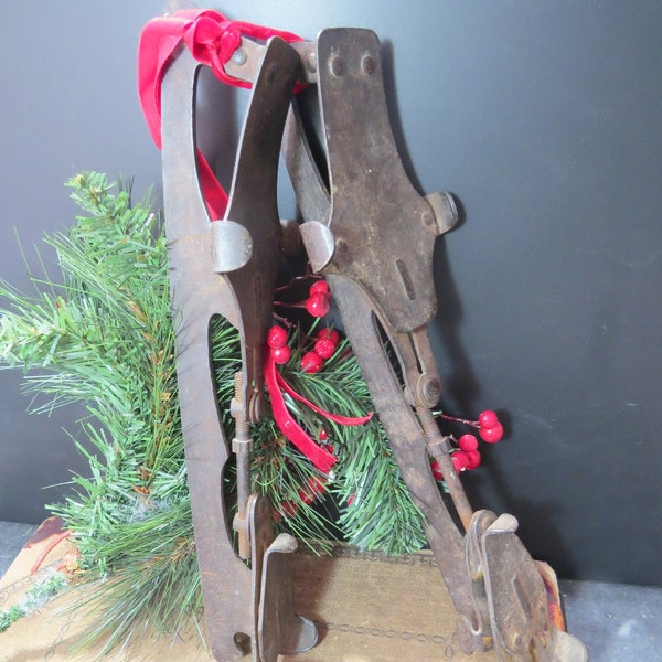 Vintage Primitive Steel Ice Skates Barney and Berry Co. B & B Cabin Lodge Winter Décor