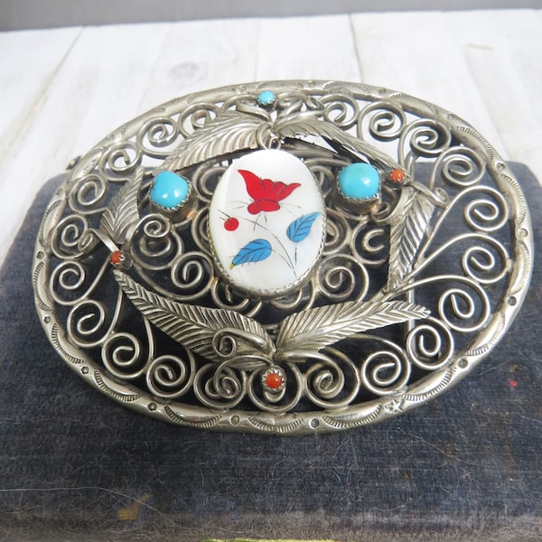 Vintage Sterling Silver Belt Buckle Turquoise MOP Coral Neal Paquin Jemez Pueblo