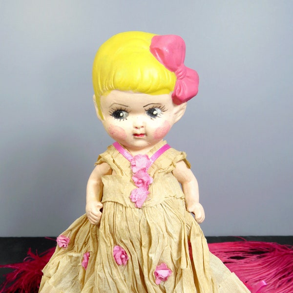 Vintage Bisque Girl Doll Crepe Paper Dress Large Blonde Kewpie