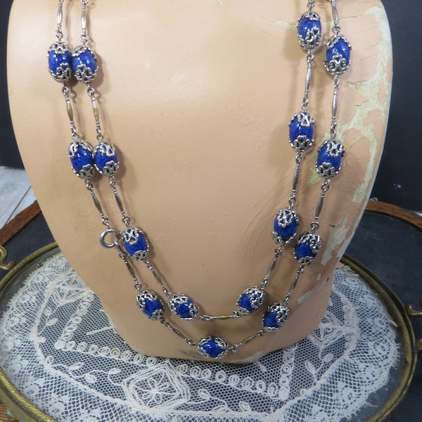 Vintage Cobalt Blue Glass Czech Beads Necklace Silvertone Filigree Caps LONG