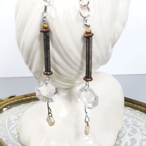 Boho Dangle Earrings, Crystals, Pearls & Metal Bugle Beads, Handmade, Recycled Vintage Parts