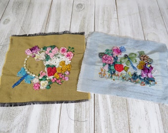 2 Silk Ribbonwork Flower Clusters Dupioni Silk Blocks Dragonflies Handmade