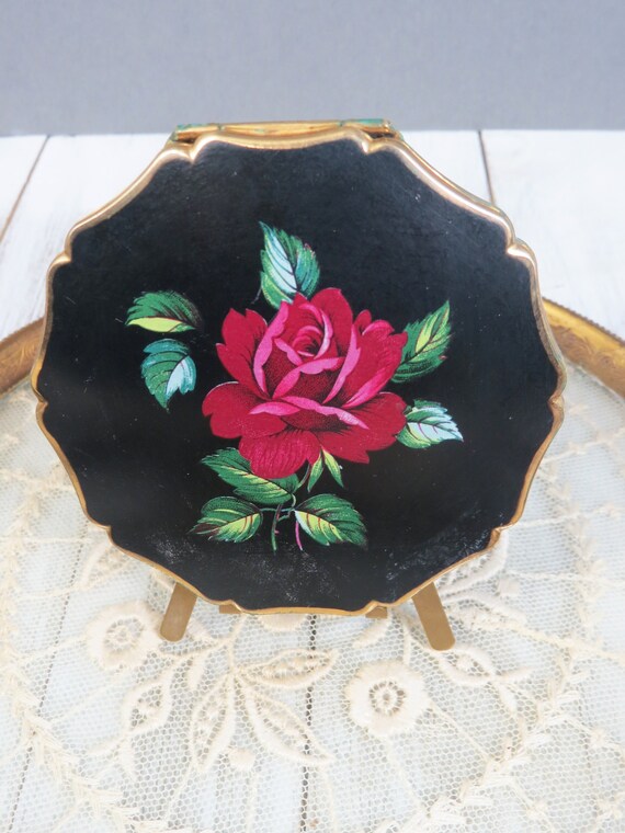 Vintage Stratton Powder Compact Red Rose Black Ena