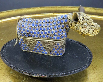 Vintage Dog Trinket Box Brass Filigree & Inlaid Lapis Lazuli Glass Eyes Tibetan Nepalese Chinese