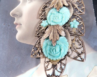 Vintage Floral Celluloid & Silvertone Metal Brooch Pin Aqua Silver Filigree Leaves