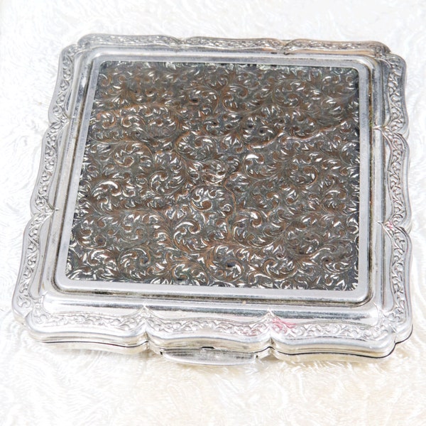 Stratton Powder Compact, Etched Floral Design, England, Face Powder, Vintage