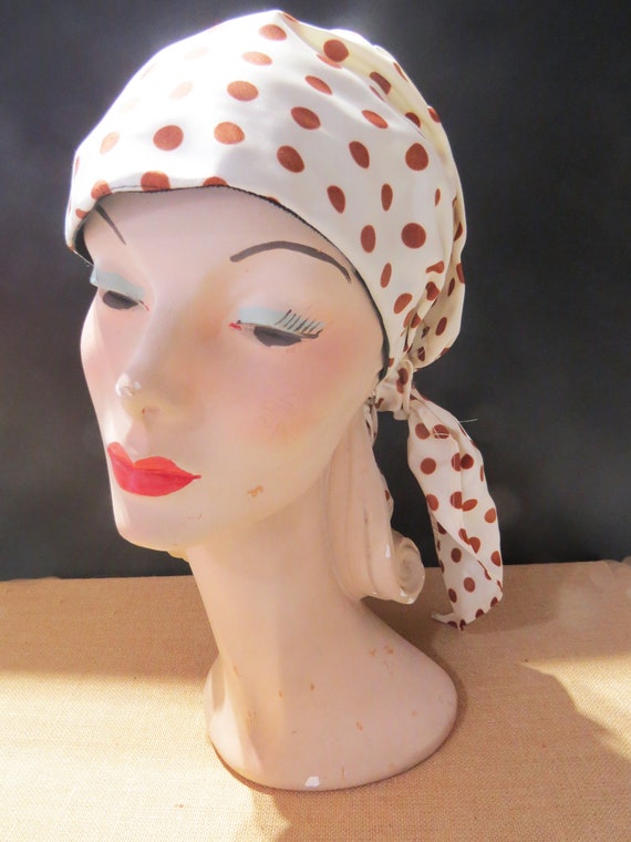 Vintage Polka Dot Turban Wrap Hat, Brown & White,… - image 1