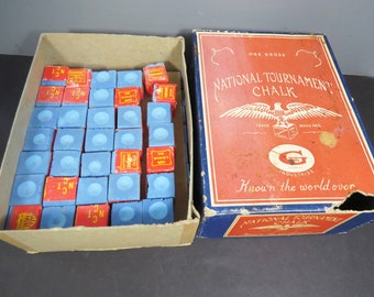 Vintage National Tournament Chalk, 77 Cubes, Old New Stock, Original Box, Billiards Advertising