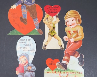 Vintage Sports Boys Valentine Cards Set of 4 Football Players Weightlifter Parachute Boy