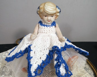 Vintage Bisque Doll, Crocheted Dress Articulated Jointed Arms & Legs