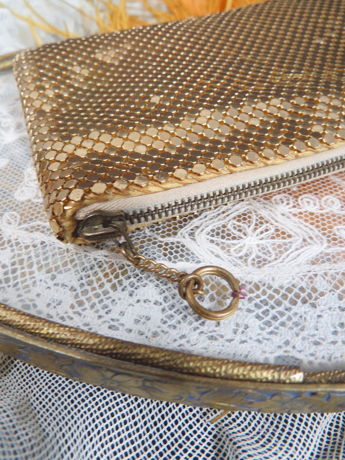 Gold Metal Mesh Evening Bag Zipper Mirror Makeup Storage Etsy