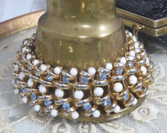 Vintage Hattie Carnegie Bracelet White Glass Stones & Pastel Blue Rhinestones Safety Chain