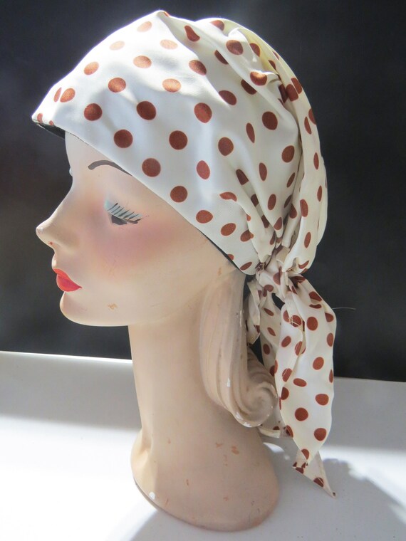 Vintage Polka Dot Turban Wrap Hat, Brown & White,… - image 2