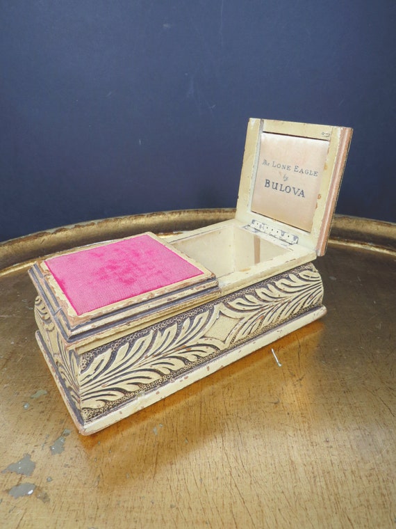 Vintage Bulova Lone Eagle Watch Jewelry Box, Carved W… Gem