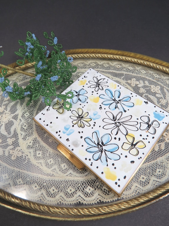 Vintage Floral Enamel Compact Handpainted Stylized