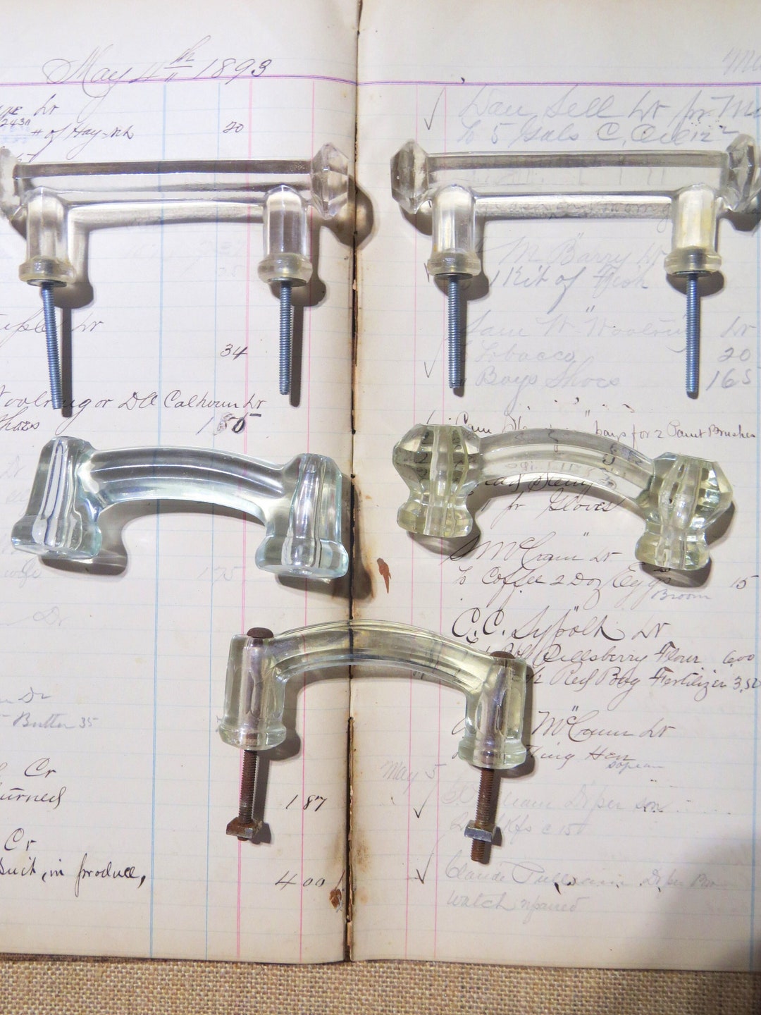 Vintage Clear Glass Drawer Pull Handles, Lot of 5 Assorted, Depression