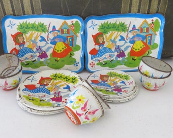 Vintage Ohio Art Child's Toy Dishes or Tea Set, Little Red Riding Hood, Metal, 20 Piece Set