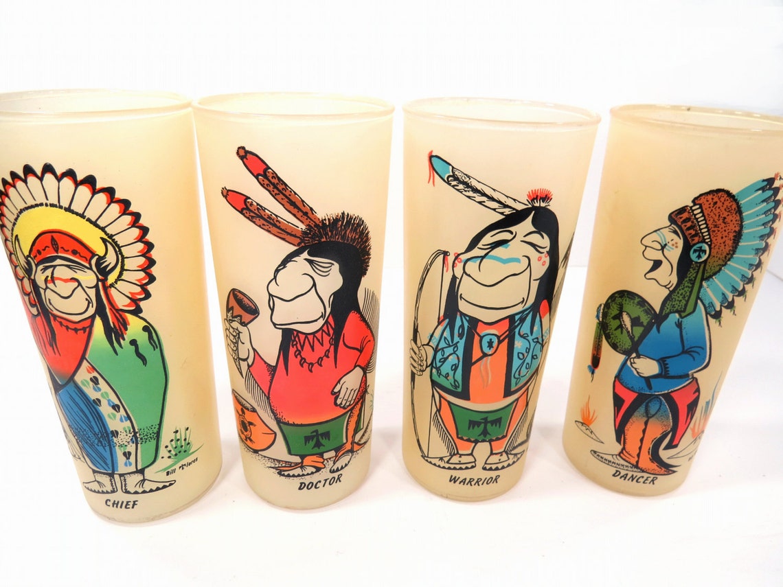 4 Indian Native American Frosted Glasses by Bill Flores Etsy
