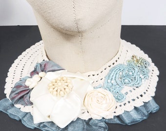 Vintage Crochet Collar, Handmade Ribbon Flowers, Lace Applique, Sweater Accessory