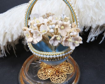 Vintage Egg Ornament Décor Vase & Paper Flowers EASTER Pearls Rhinestones Gold Accents