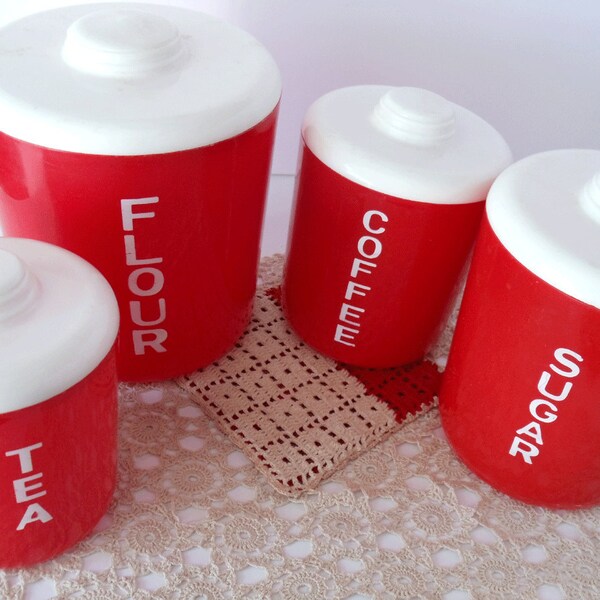 Vintage Red and White Canister Set - RETRO 1950s Kitchen - 4 PIECE SET - Flour - Sugar - Coffee - Tea