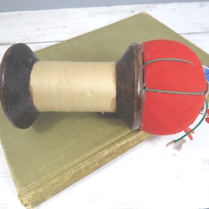 Vintage Tomato Pincushion, Large Wooden Thread Spool, Folk Art, Sewing Accessory, Pincushion image 5