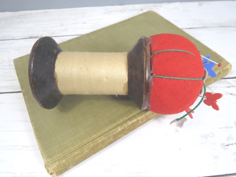 Vintage Tomato Pincushion, Large Wooden Thread Spool, Folk Art, Sewing Accessory, Pincushion image 5