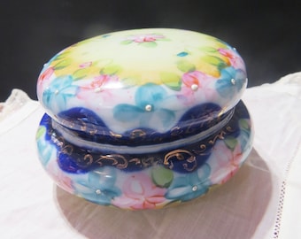 Vintage Porcelain Lidded Jewelry Powder Dish Hand Painted Trinket Jar