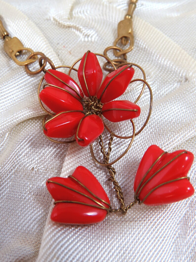 Flower Glass Bead Pendant Necklace RED Czech Beads Brass Etsy