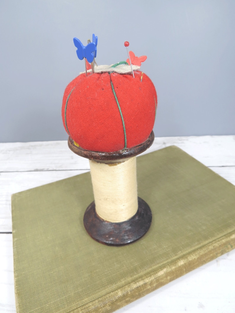 Vintage Tomato Pincushion, Large Wooden Thread Spool, Folk Art, Sewing Accessory, Pincushion image 1