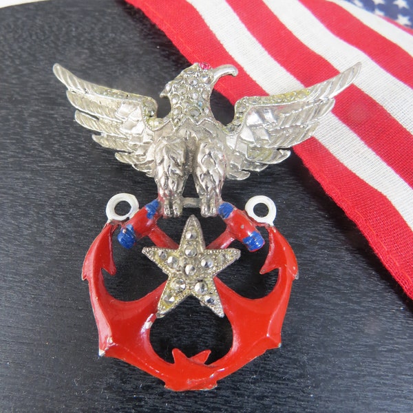 Vintage U. S. Navy Eagle Shield Enamel & Marcasite Brooch Pin Crossed Anchors Sweetheart Gift