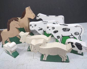 9 Wood Farm Animal Toys, Cows, Horses, Goats, Pig, Lamb, Vintage Folk Art