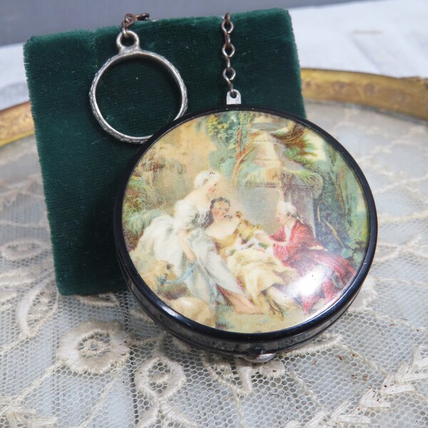 Vintage Powder Compact with Finger Ring and Chain Courting Couple & Companion Mirror