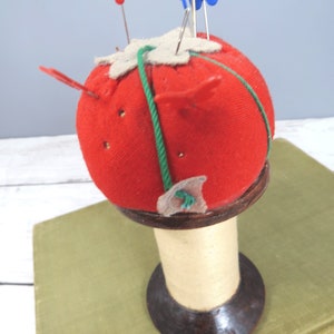 Vintage Tomato Pincushion, Large Wooden Thread Spool, Folk Art, Sewing Accessory, Pincushion image 2