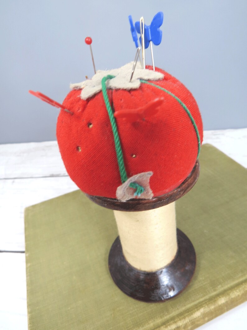 Vintage Tomato Pincushion, Large Wooden Thread Spool, Folk Art, Sewing Accessory, Pincushion image 2