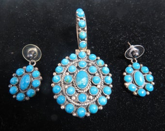 Vintage Sterling Silver & Turquoise Hopi Indian Pendant and Earrings, Cluster Design, J. Poleviyouma, Jr. REDUCED