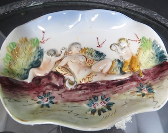 Vintage Porcelain Soap or Trinket Dish, Morirama, Occupied Japan, Pre-Raphaelite Nymphs & Woman, Partially Nude