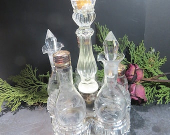 Vintage Etched Glass Cruet Decanter Set 5 Pieces PLUS Candleholder, Glass Base
